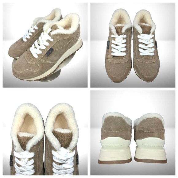 Brunello Cucinelli Shearling-Lined Nubuck Sneakers – Size 38 (Color: Elefante) - Picture 1 of 11